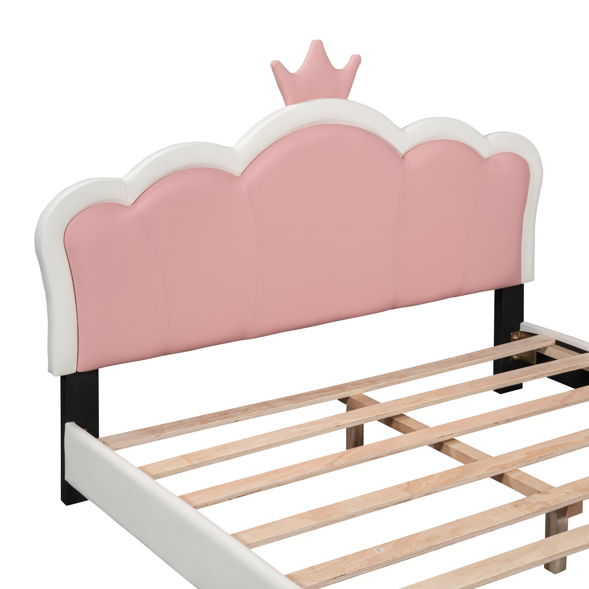 Aukfa Upholstered Platform Bed with Princess Crown Headboard, PU Full Size Bed Frame for Kids - Pink