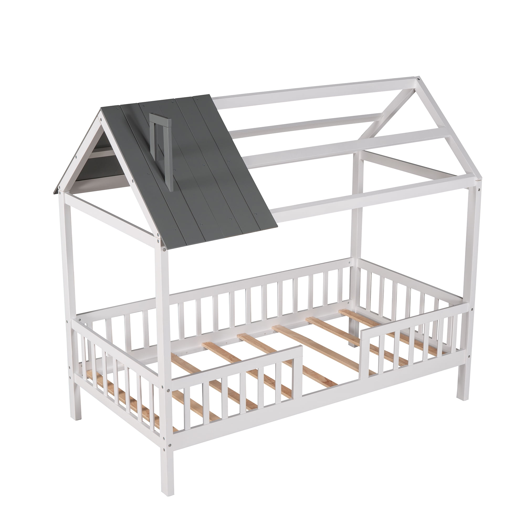 Euroco Twin Size House Platform Bed with Roof and Guardrails Design, White&Gray