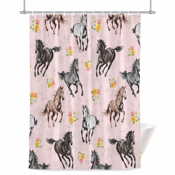Horses Shower Curtain, Watercolor Black Brown White Horse Yellow Pink Floral Pink Waterproof Shower Curtain Set with 12 Hooks Lightweight Bath Curtains Fabric Bathroom Decor 72x72 Inches