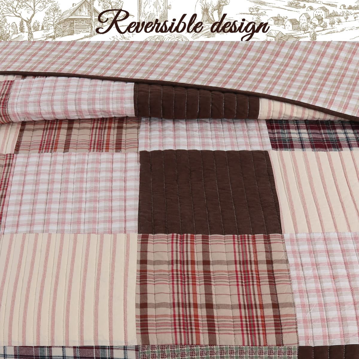 Cozy Line Heidi Chocolate Brown Plaid Grid Striped Real Patchwork 3-Piece Reversible Quilt Set King Set