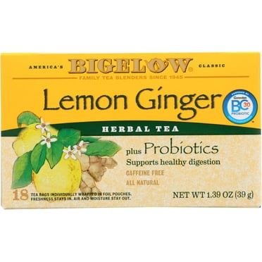 Bigelow Tea Herbal Tea Plus Probiotics Lemon Ginger - 18 Tea Bags2 Packaging May Vary
