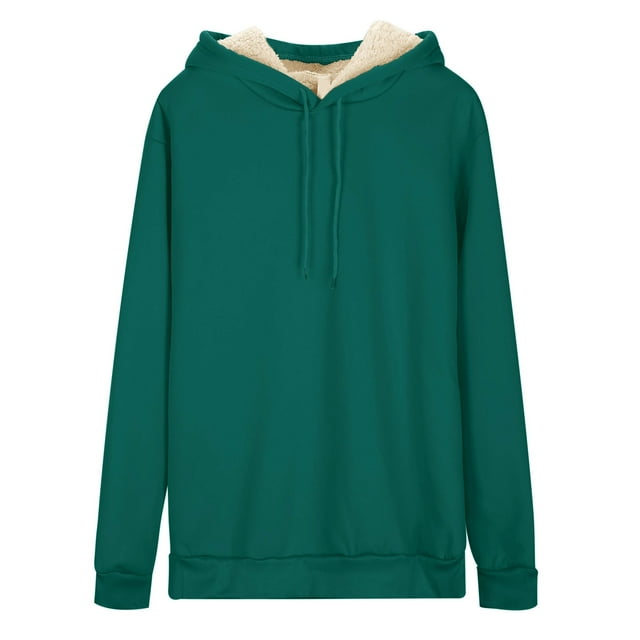 Women's Warm Lamb Wool Hoodie Solid Color Round Neck Long Sleeve Threaded Drawstring Casual Sweatshirt for Autumn Winter