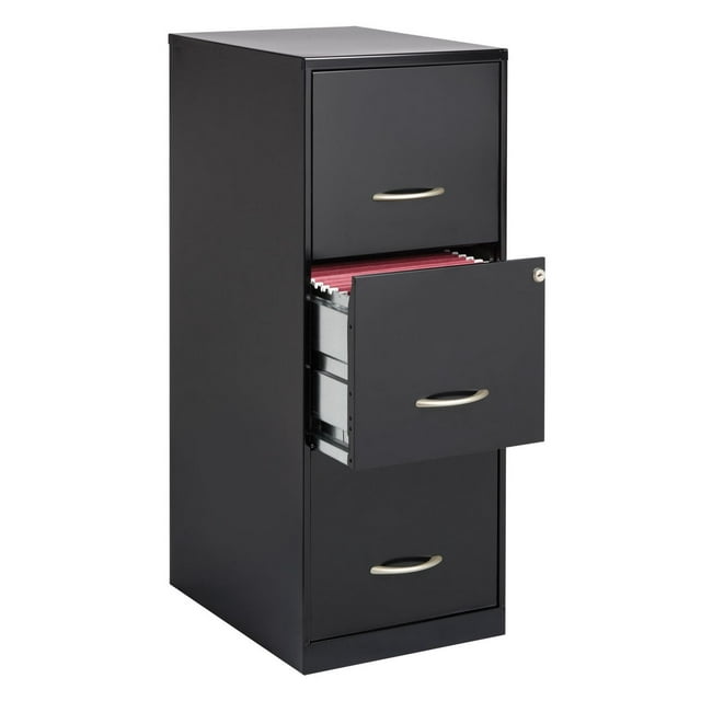 Black 18-inch deep vertical file cabinet with three drawers and one drawer open displaying red hanging letter-size files.