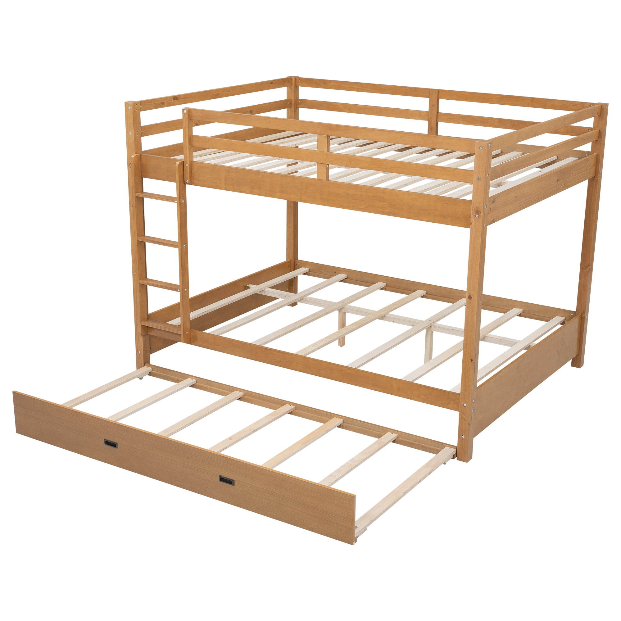 EUROCO Queen over Queen Size Bunk Bed with Trundle for Kids Teens Adults, Wood Color
