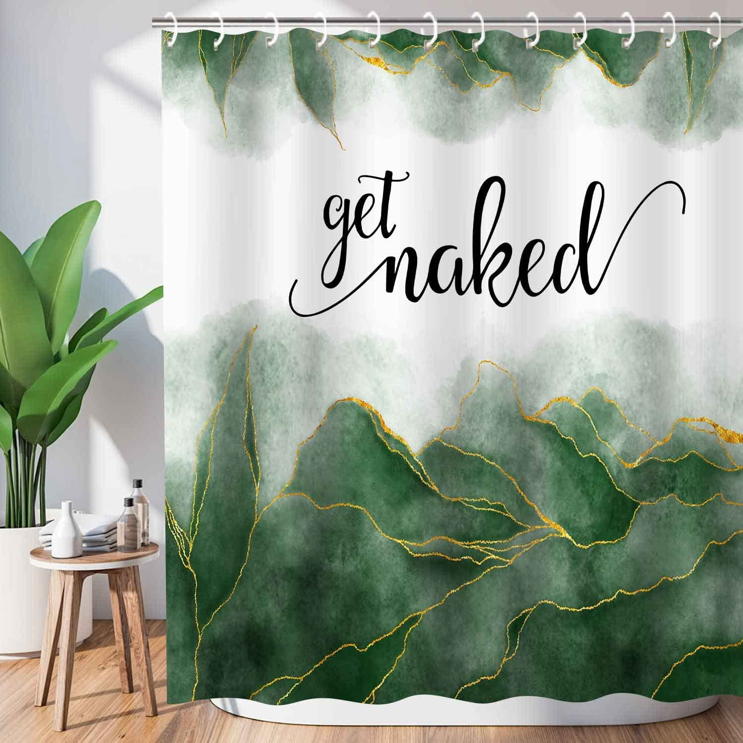 Get Naked Green Shower Curtain, Golden Green Marble Texture Shower Curtain Sets, Abstract Watercolor Modern Bathroom Curtain with Hooks Waterproof Fabric Decor, 48X70IN