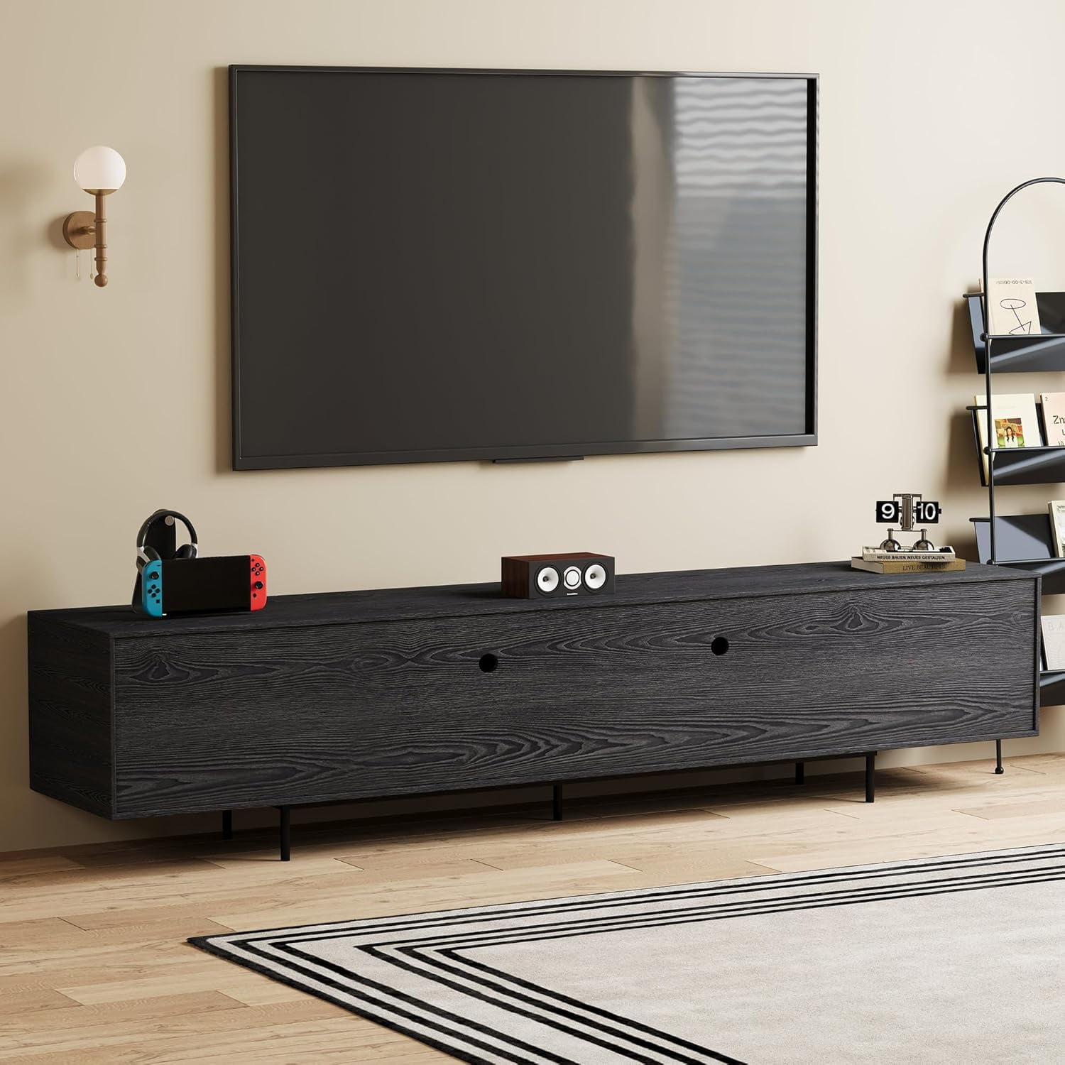 Mid Century Modern Black TV Stand for 80 Inch and Larger TVs, 94.48" Media Console with Solid Wood Slatted Doors, Metal Base, Stylish Entertainment Center for Living Room or Bedroom