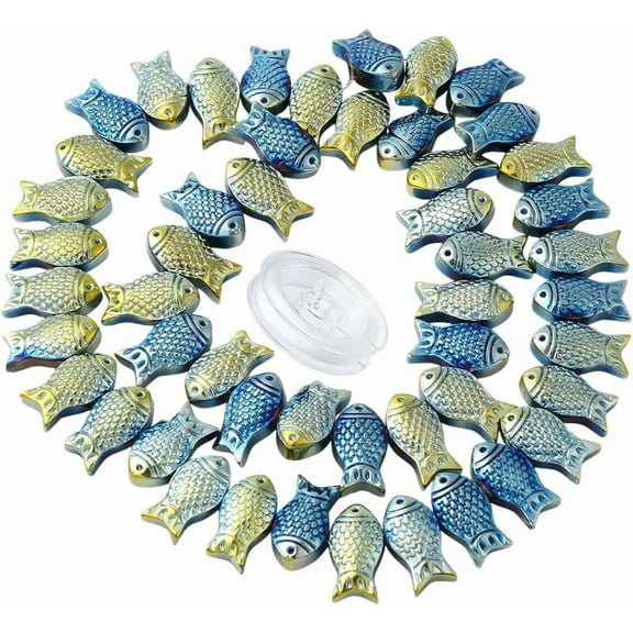 1 Box 50Pcs Fish Beads Bulk Blue Glass Sea Ocean Animal Double Sided Fishes Beads 15mm Small Shiny Frosted Electroplated Charms Elastic Thread for Jewelry Making DIY Beading Bracelets Crafts Colorful