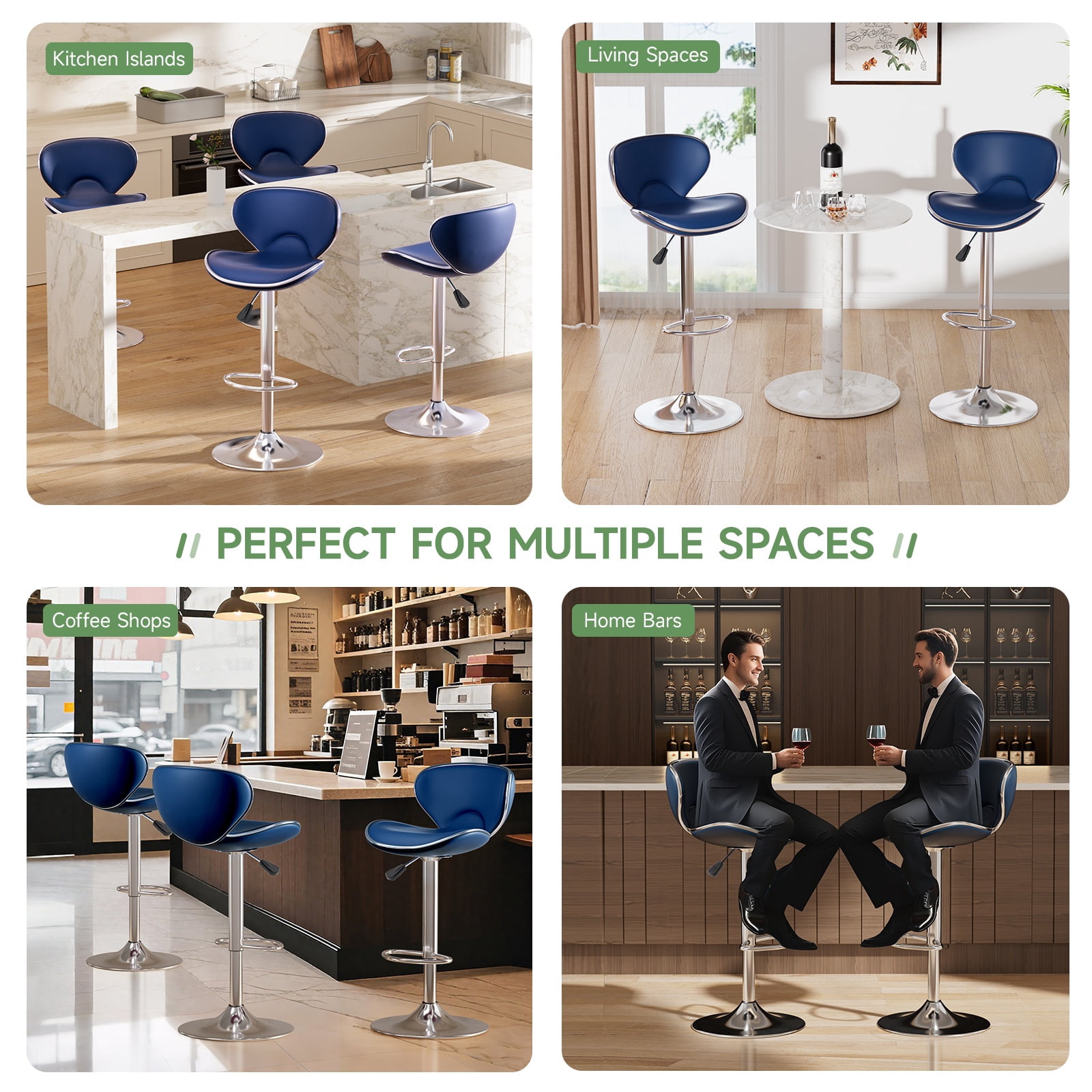 Adjustable Swivel Bar Stools Set of 2 , Modern PU Leather Upholstered Bar Chairs with Chrome Base for Kitchen Island, Dining Room, Pub, Counter (Blue)