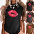 thumbnail image 4 of Distressed Retro Style T-Shirt For Womens Summer Tops Crew Neck Shirts Rolled Short Sleeve Blouse Lips Print Pullover, 4 of 5