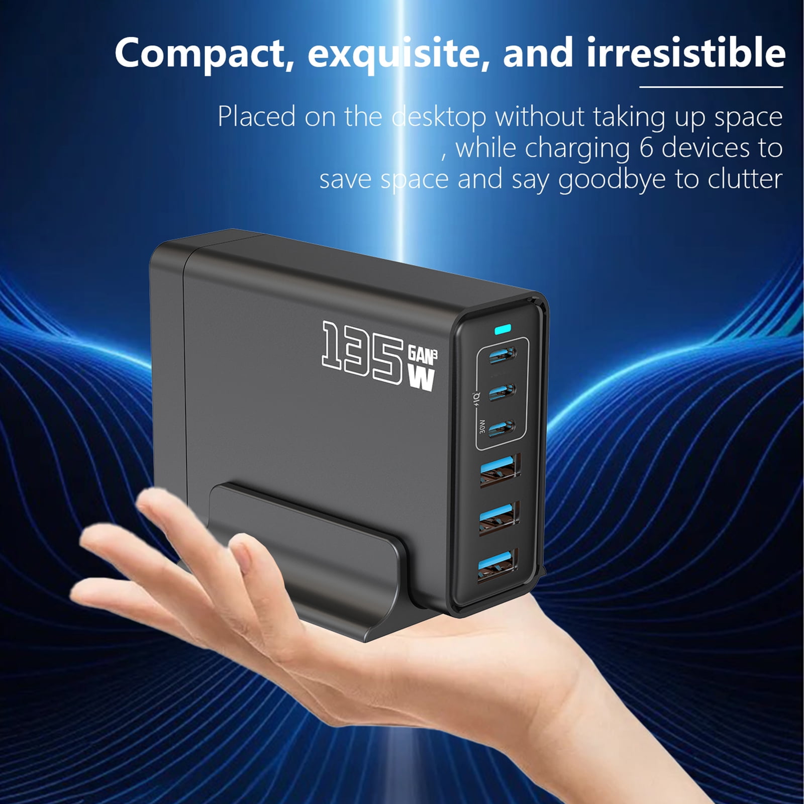 135W GaN 6-Port USB C Charging Station Hub with Holder, Fast Charger Block for MacBook Pro/Air, Dell, iPad, iPhone, Samsung Galaxy