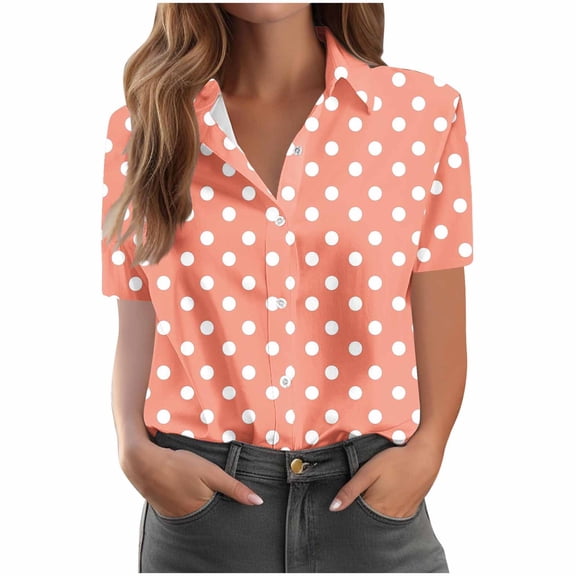 Uaswgudfs Women's Casual Loose Fit Short Sleeve Dot Print Shirt, Vintage Button Front Turn - down Collar Blouse Top Orange 2XL