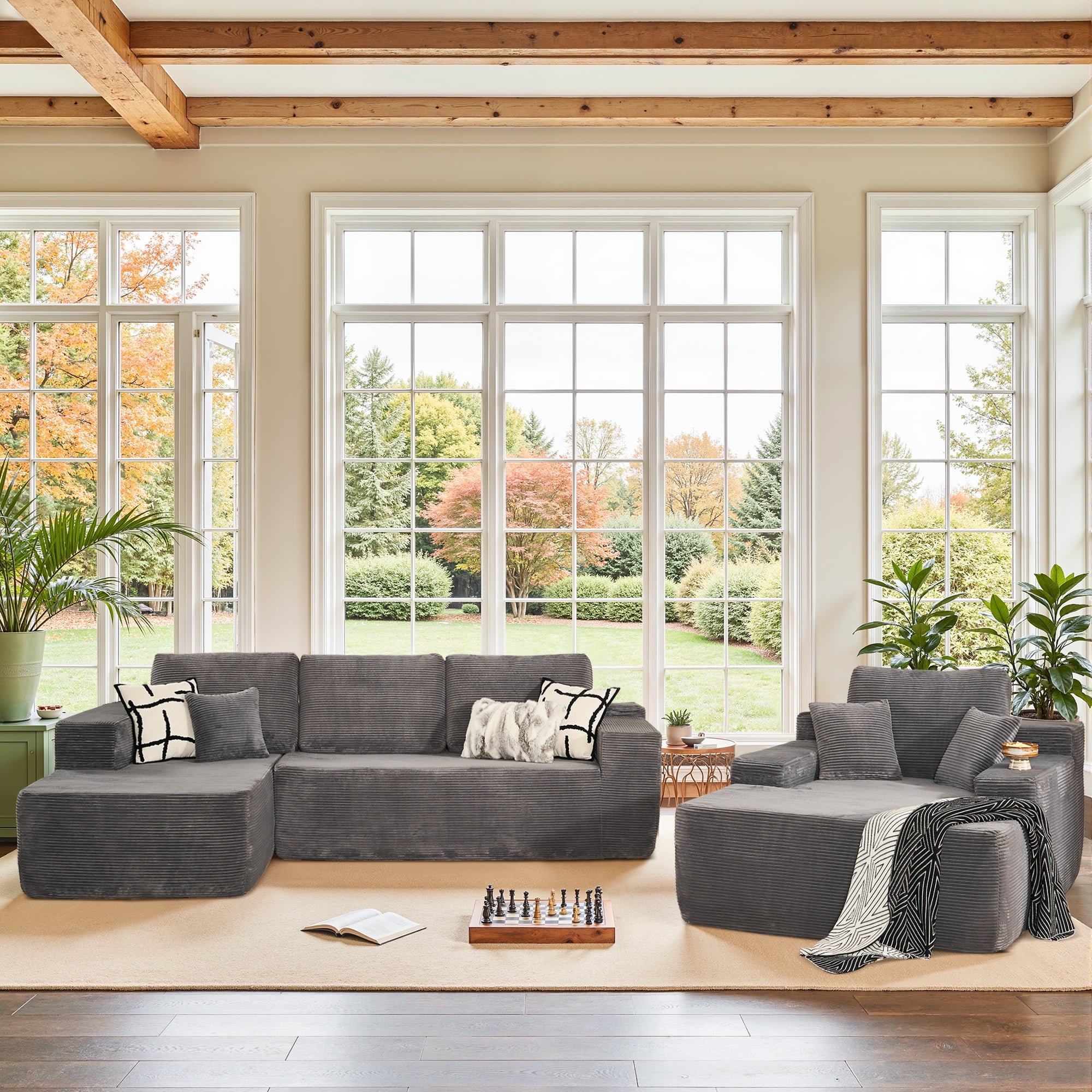 Ovios 106" Modular Cloud Couch Oversized Deep Seat Corduroy Sectional Sofa with Lounge Chair for Living Room, No Assembly, Gray