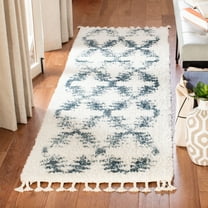 SAFAVIEH Berber Fringe Amable Geometric Shag Runner Rug, Cream/Blue, 2'2" x 10'