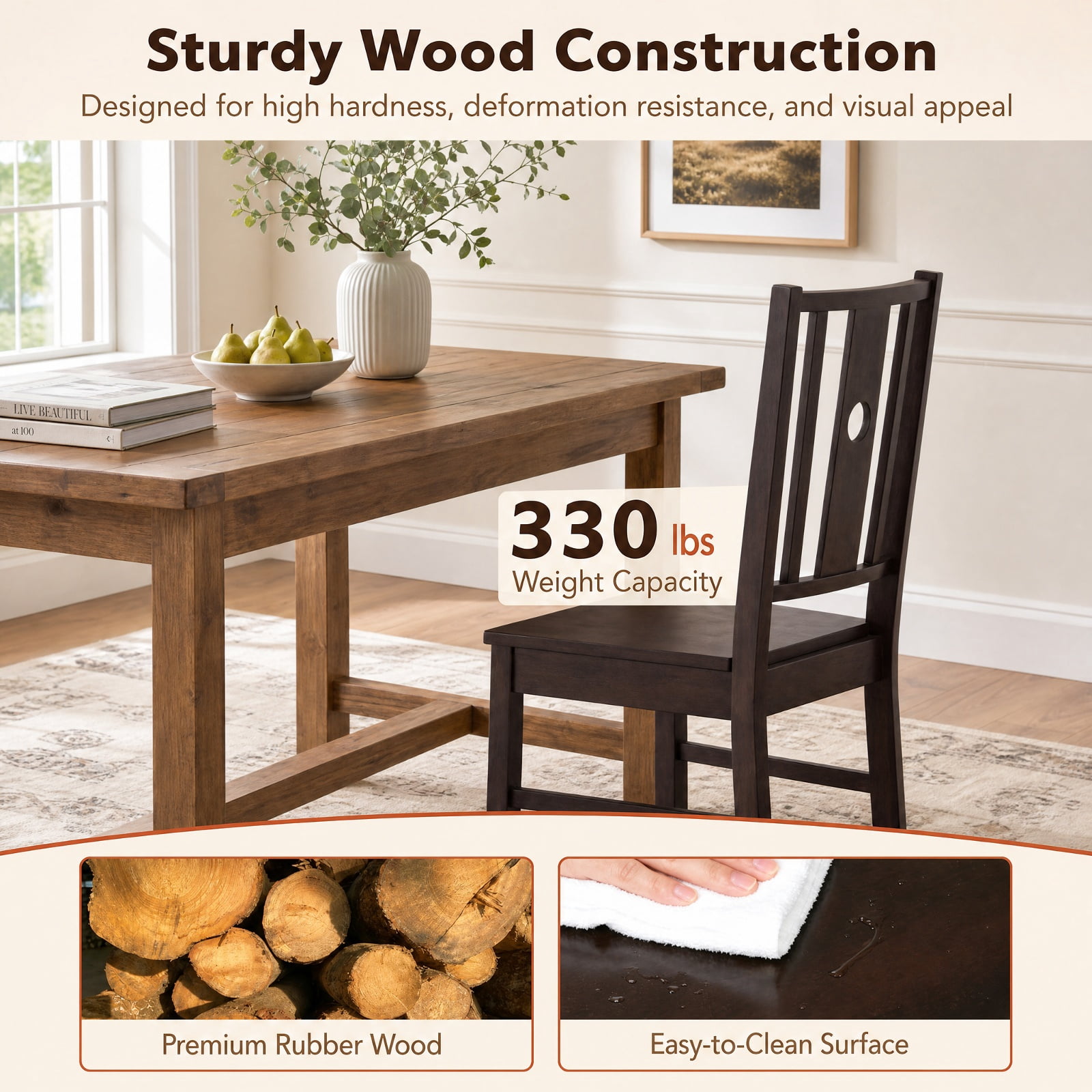 Furnibear Set of 2 Solid Rubber Wood Kitchen Chairs with Slatted Curved Backrest and Wide Seat for Dining Room and Kitchen, Coffee