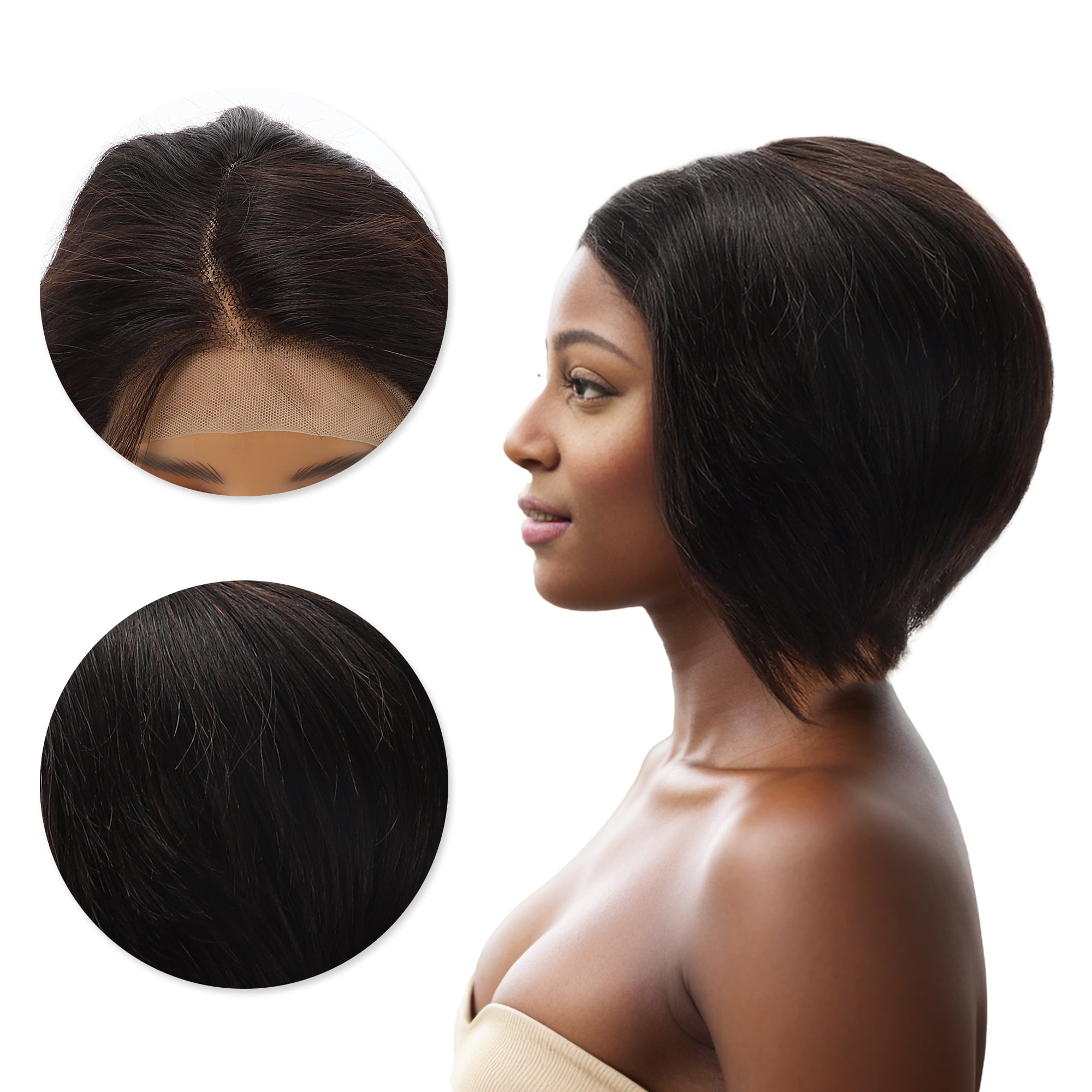 Unique Bargains Straight Short Hair Hair Wig Real Human Hair 6in 13x4x1in 150 Human Wig Black for Women