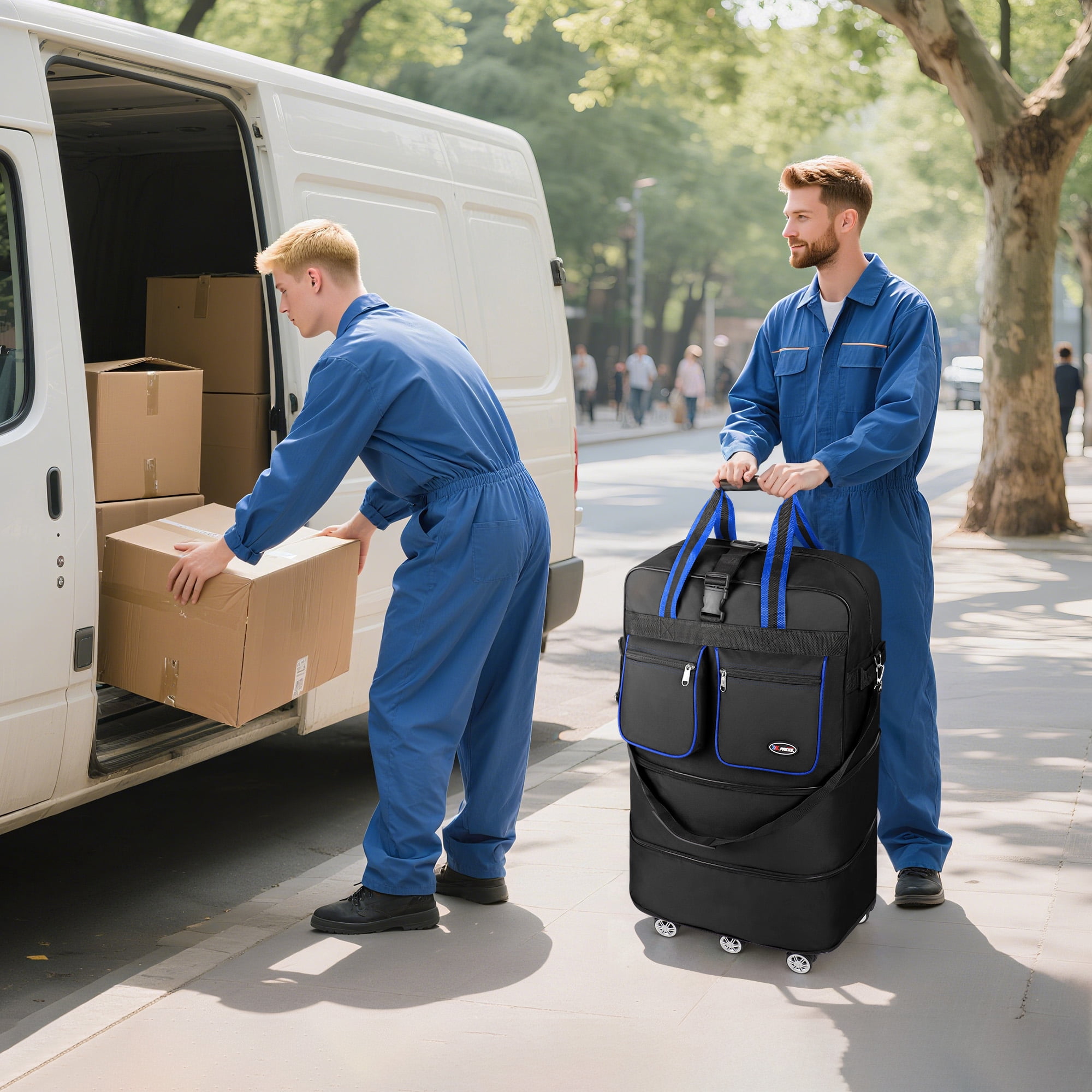 40" Expandable Foldable Luggage Bag,Collapsible Suitcases with Wheels,Lightweight Rolling Duffle Bag for Travel, Moving, Home Storage, Blue/Trim, MEX
