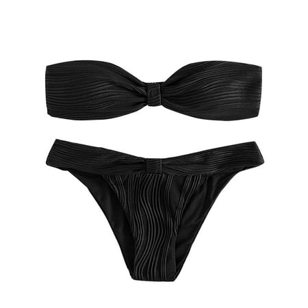 Bigersell Bandeau Swimsuits for Women - Strapless 2 Piece Bathing Suits - Padded Bra / Cheeky Bottoms Two Piece Swimsuits Vacation Swimwear Black S