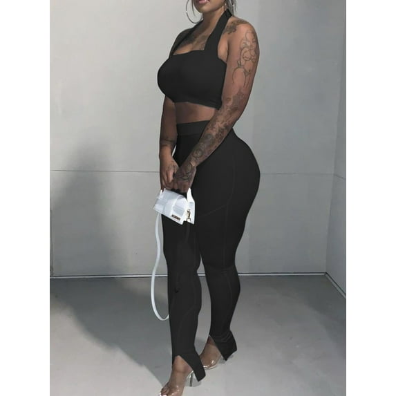 Lovelywholesale Sexy Backless Crop Top Black Two Piece Pants Set