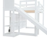 Pinovk Twin Size Wood House Loft bed with Slide, Storage shelves and Light, White