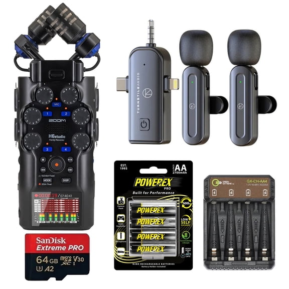 Zoom H6studio 8-Track 32-Bit Float Handy Recorder, Bundle with Wireless Lavalier Mic, 64GB microSDXC Memory Card, AA Batteries & Charger
