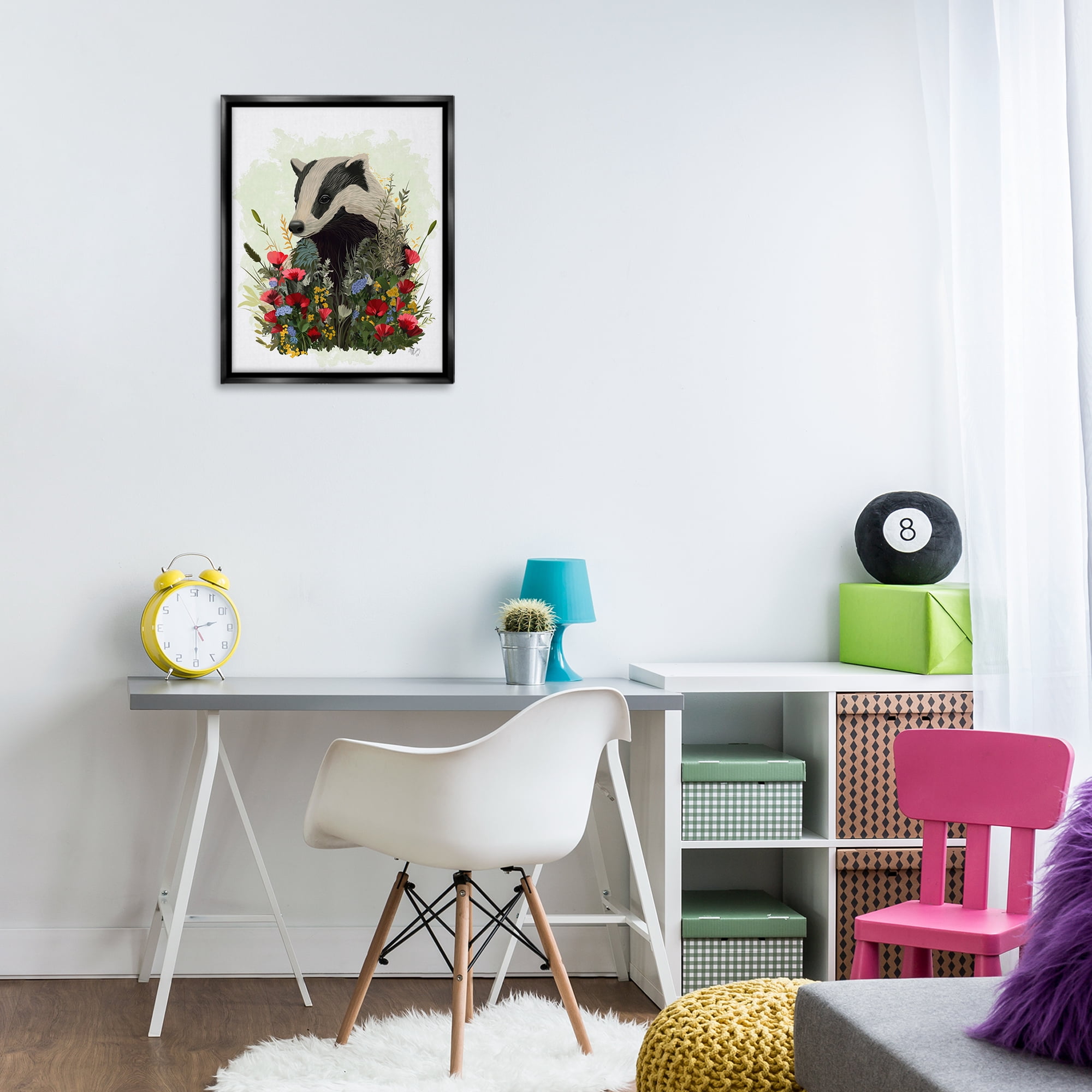 Stupell Industries Badger with Poppy Blossoms Animals & Insects Painting Black Floater Framed Canvas Art Print Wall Art, 17 x 21