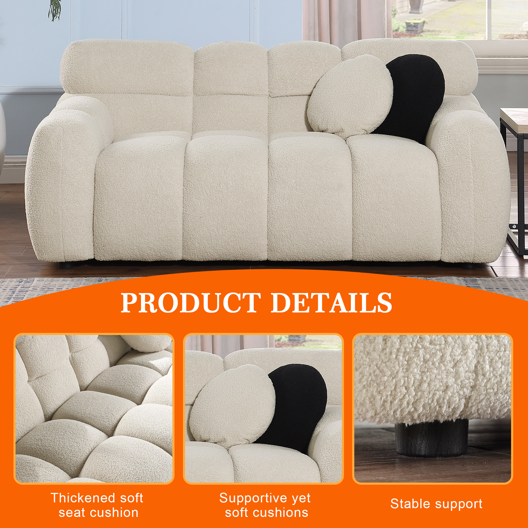 MOONMISS Boucle Upholstered Tufted Wood Frame Marshmallow Loveseat Sofa with 2 Pillows for Living Room-Beige