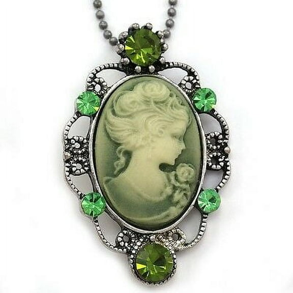 Lime Green Cameo Pendant Necklace Charm Antique Vintage Style Retro Designer y1