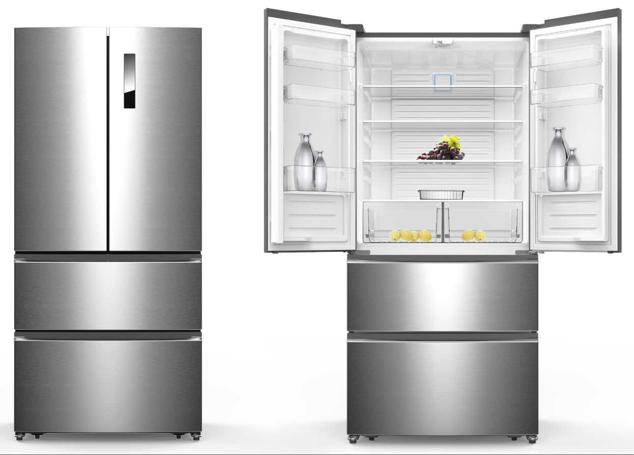 Maritcute ​18.75 Cu. ft French Door Refrigerator, The full-size bottom freezer frost-free counter-depth refrigerator comes with 2 Doors and 2 Drawers,LED Display, Silver