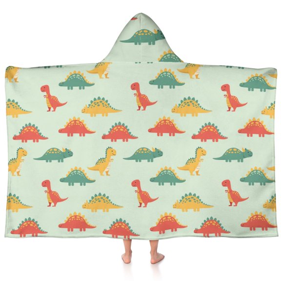 Colorful Dinosaur Repeat Pattern Hooded Bath Towel Wrap for Teens Ages 3 To 12, Soft Lightweight Quick Dry Microfiber Bath Beach Pool, 60"x35"