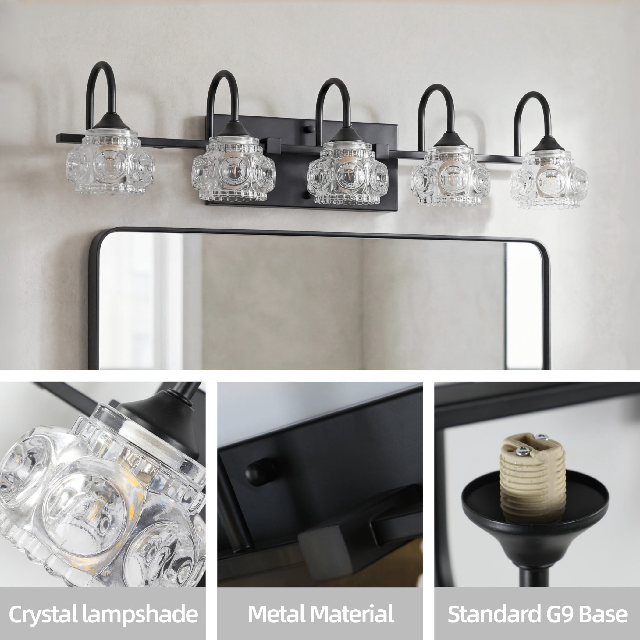 29" Retro 5-Light Bathroom Vanity Light – Black Bathroom Light Fixture with Crystal Glass Shades, Wall Mounted Vanity Lights for Bathroom, Powder Room, Mirror, Hallway (Bulbs Not Included)
