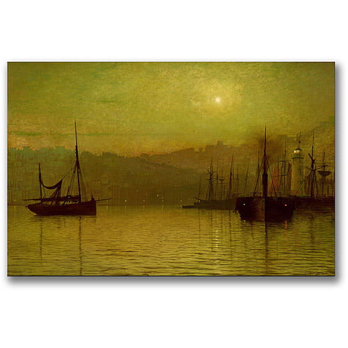Large oil painting John Atkinson Fishing boats ship in harbor moon night canvas 