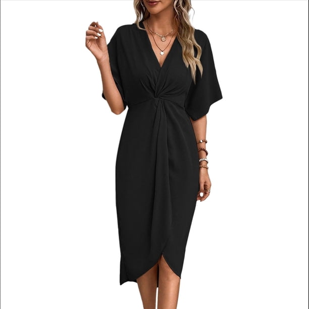 Vestidos de Corta para Mujer, Cuello en V, Plisados, Ajustados, Fluidos, con Vuelo, Corte Recto, Irregulares, Midi. Negro L