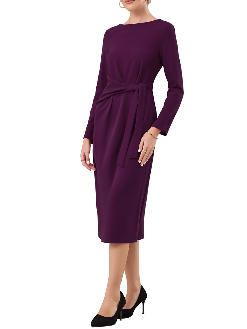 Inspire Chic Women's Knee Length Pencil Dress Long Sleeve Tie Waist Church Work Sheath Dresses S Purple, Size: Small, Black