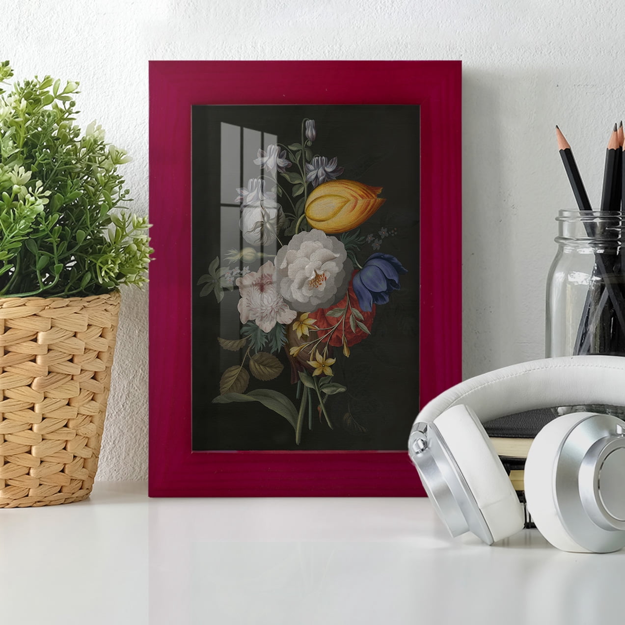 Dramatic Bouquet III -Framed Print w/glass-Cherry Red