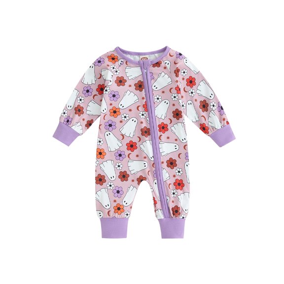 My First Halloween Baby Girl Boy Outfit Pumpkin Ghost Romper Jumpsuit Long Sleeve Zipper One Piece Playsuit
