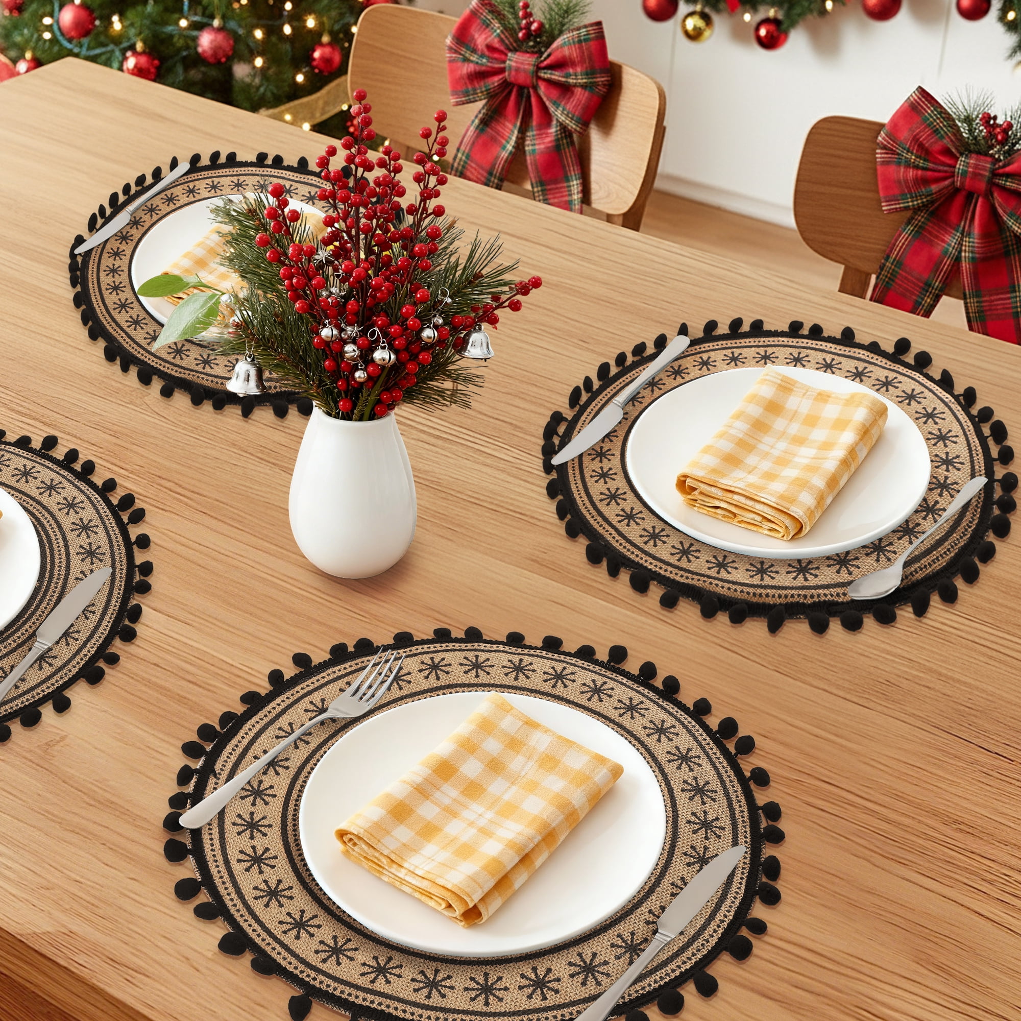 Unique Bargains Set of 6 Round Farmhouse Placemats for Dining Table Decor Black