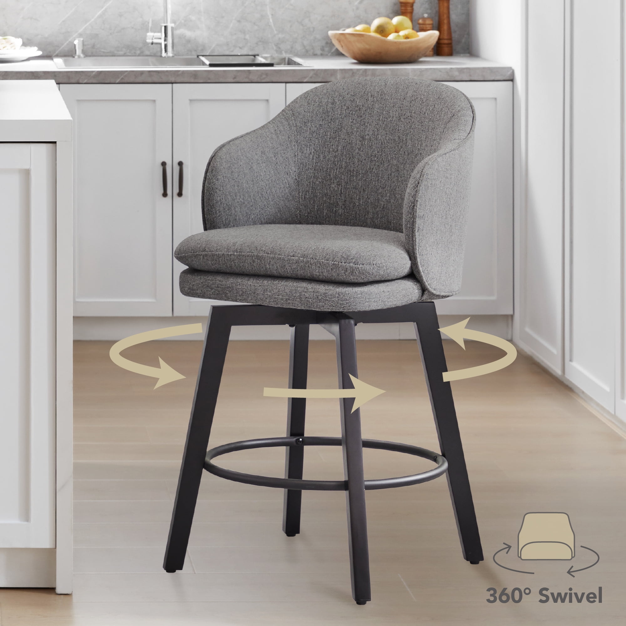 Spruce & Spring Counter Height Swivel Bar Stool with Curved Back and Arms Single, Grey, Fabric