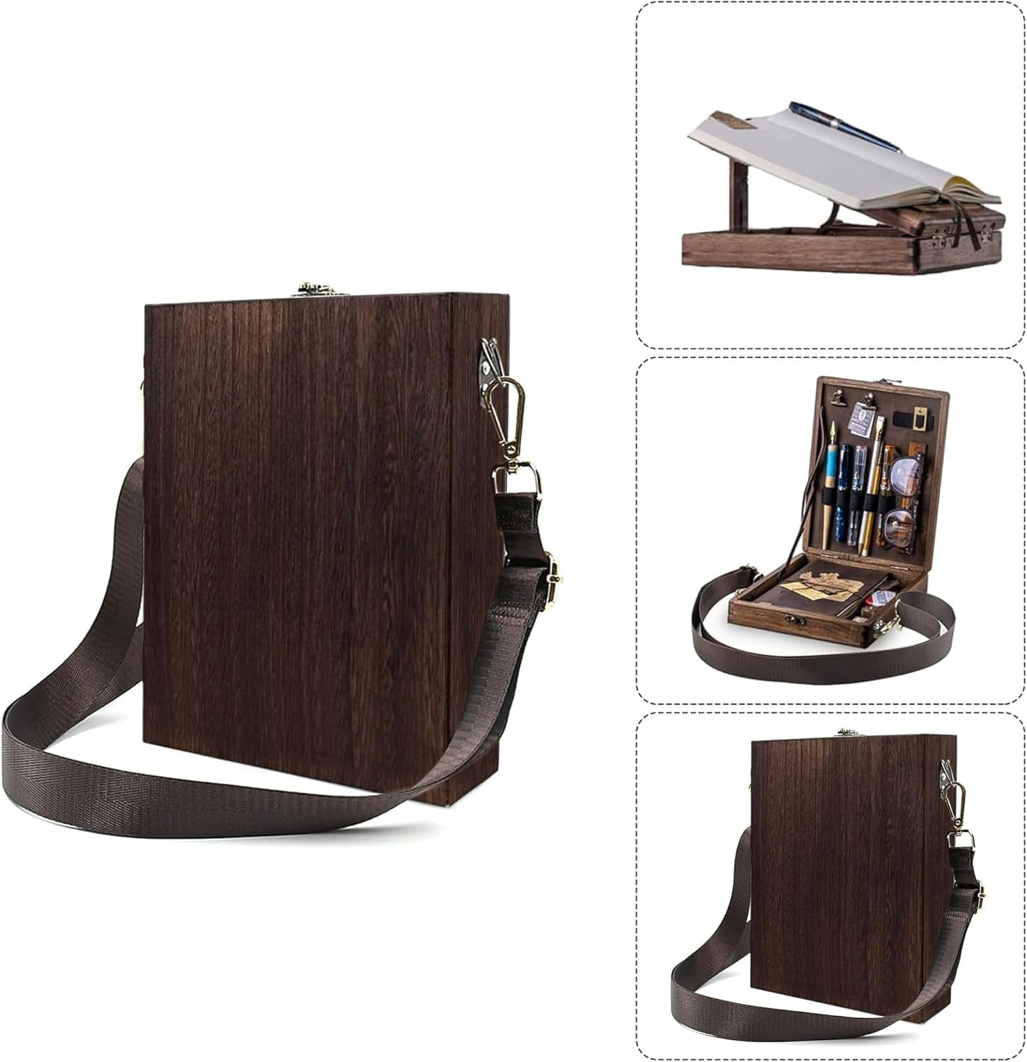 Writers Art Messenger Wood Box: Vintage Portable Wooden Art Box - Handmade Crossbody Postman Bag, Multifunctional Wood Easel Storage Case for Drawing & Sketching