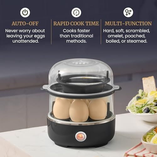 EGC1215B Easy Egg Cooker, Stainless-steel Heating Plate, Two-Tiered, 14-Egg Capacity, Soft, Medium, Hard-Boiled, Auto Shut-Off, Omelets, Poached Eggs, Measuring Cup, Piercing Pin, Black