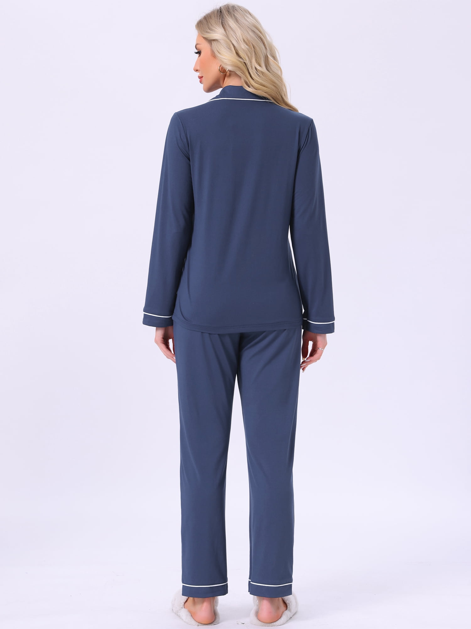 DARING DIVA Women's Pajama Set Button Down Long Sleeve Tops and Pants S Dark Blue
