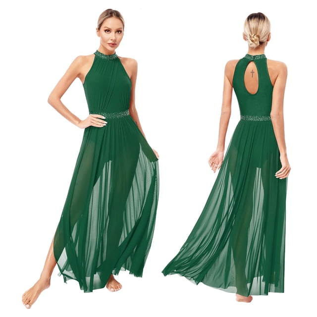 TiaoBug Womens Lyrical Dance Dress Sleeveless Keyhole Back Shiny Rhinestones Side Split Mesh Maxi Dress Green XL