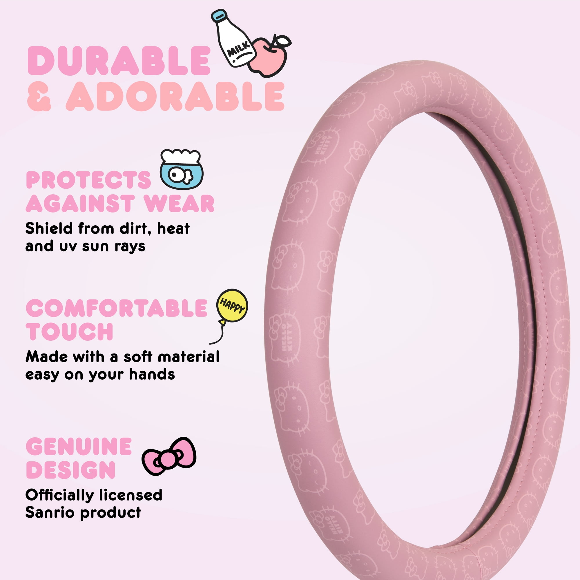 Official Sanrio Hello Kitty Steering Wheel Cover with Easy Clip-on Car Air Freshener, Odor Eliminator, Fun Scents