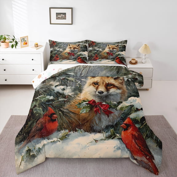 Homewish Fox Red Sparrow 2pcs Bedding Comforter Set for Kids Children Teens,Merry Christmas Twin Comforter Sets,Xmas Animal Breathable Bedding Set,Ultra Soft Home Decor,Reversible