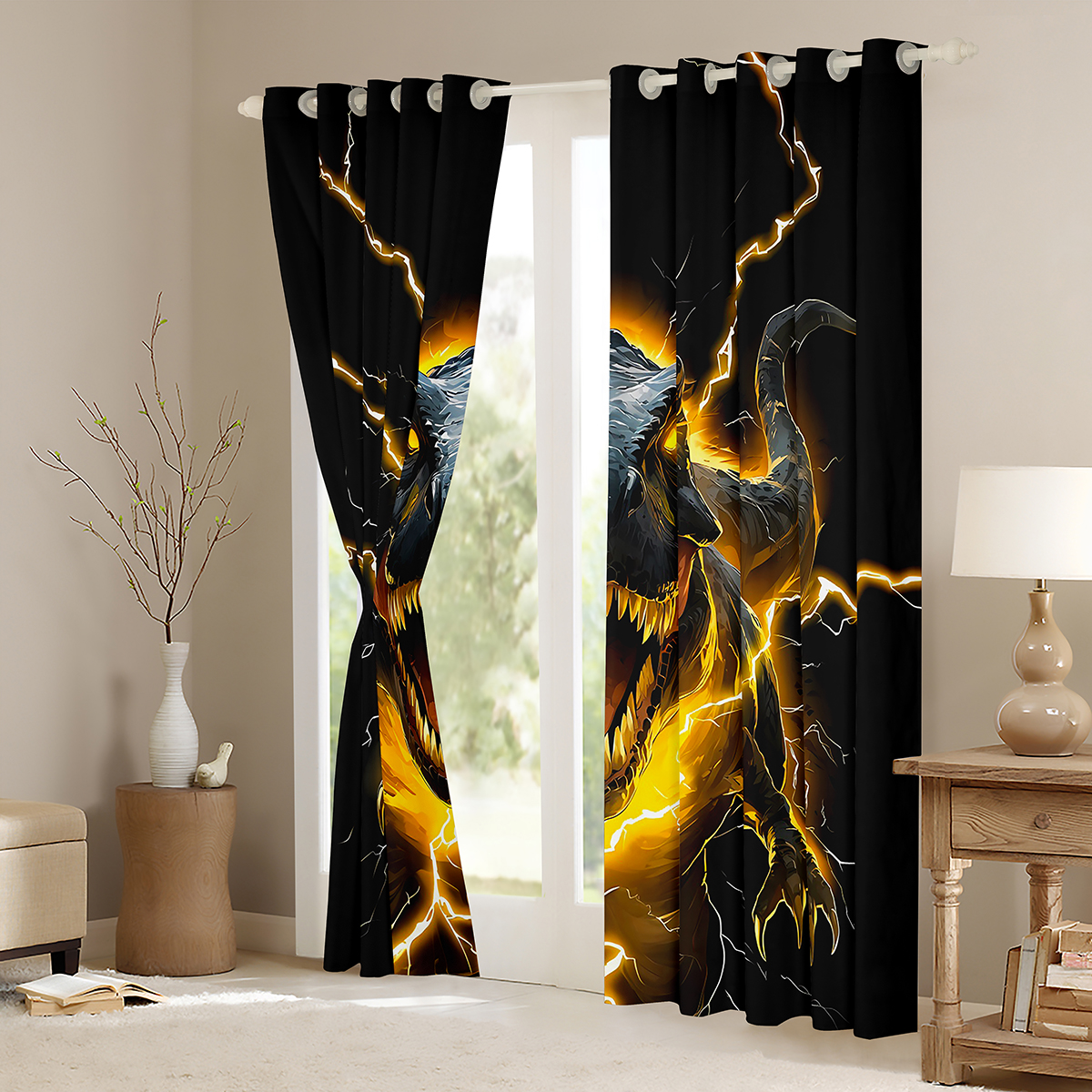 Manfei Boys Dinosaur Blackout Curtains Set of 2 (52x84 Each) for Kids Boys, Orange Lightning Window Curtains, Wild Animal Curtains and Drapes, Luxury Bedroom Decor