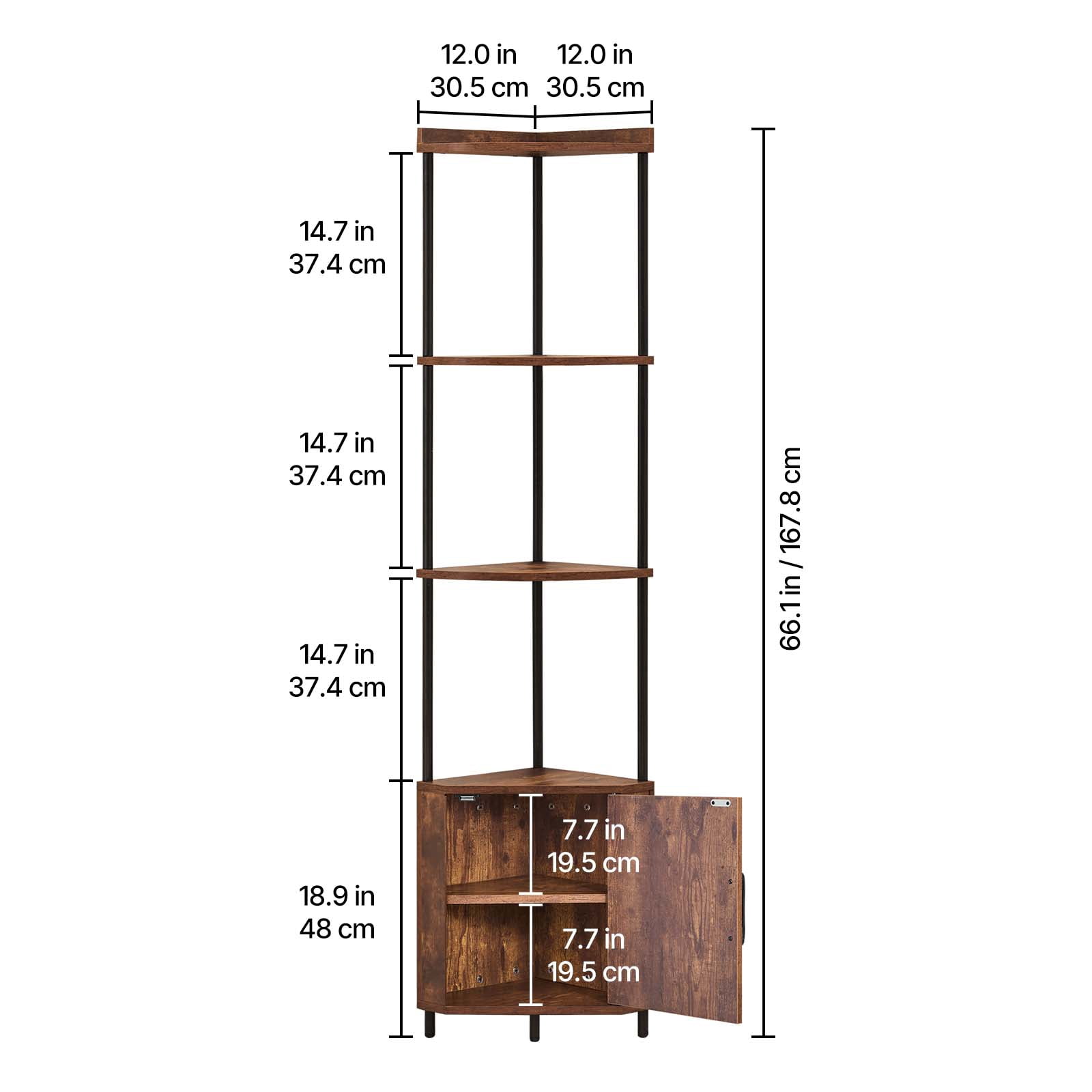 KFFKFF 5-Tier Corner Shelf with LED Lighting, 65.4" Tall Storage Unit with Cabinet, Multi-Color Display Controlled by Remote or App for Bedroom, Living Room, or Office