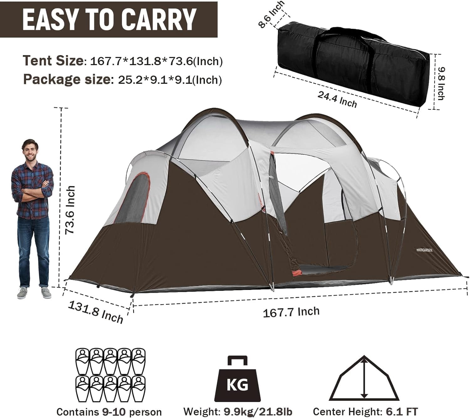 10 Person Camping Tent - Portable Easy Set Up Family Tent for Camp, Windproof Fabric Dome Tent Outdoor for Hiking, Backpacking, Traveling-14'x11'x74in(H)