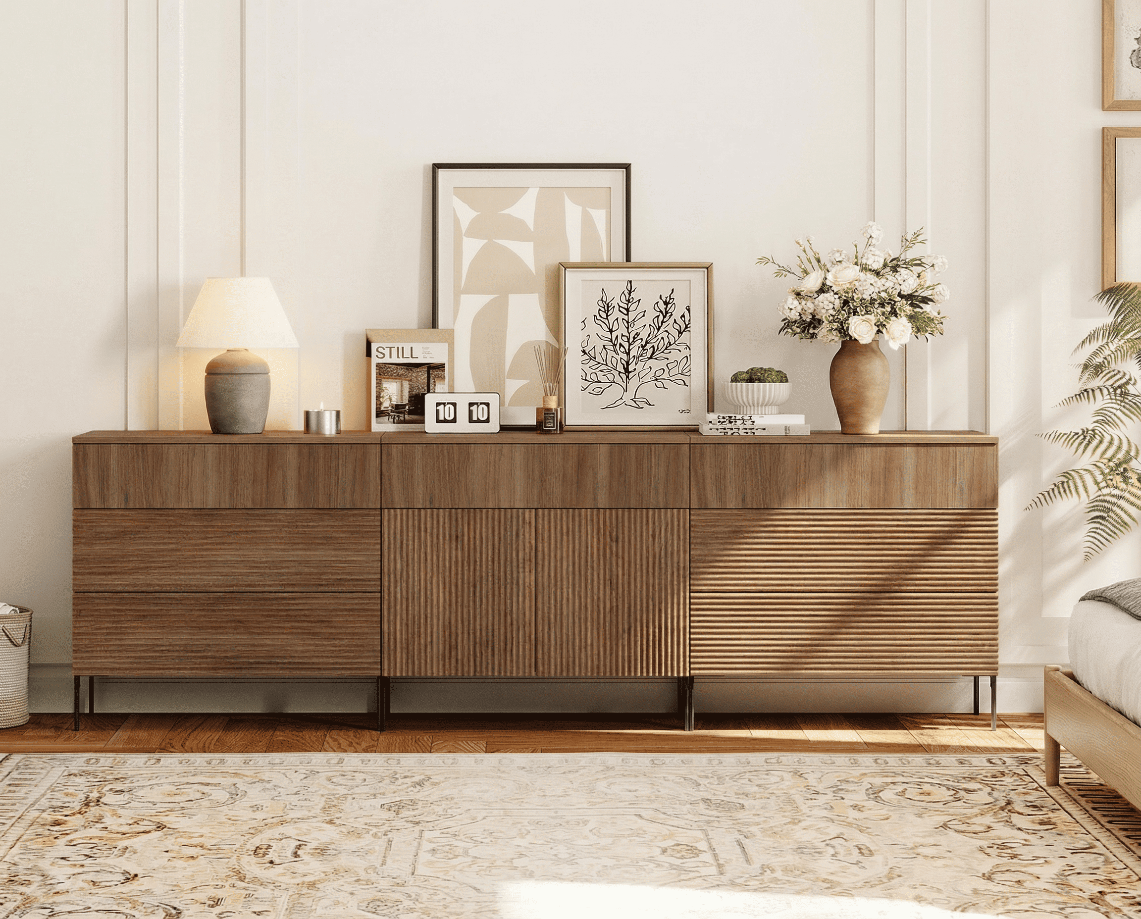 WAMPAT 94.5" Sideboard Cabinet with 6 Drawers and 2 Doors, Modern Fluted Credenza Buffet Cabinet with Adjustable Shelves, Large Storage Cabinet for Dining Room, Living Room