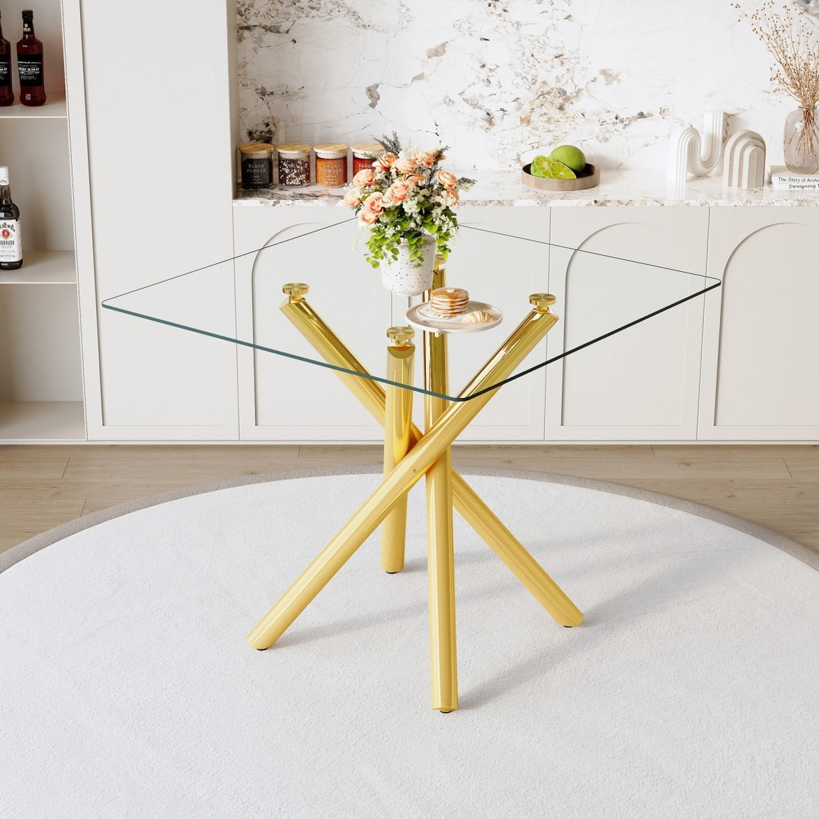 Modern Bar Table, Tempered Glass Pub Table with Electroplated Metal Cross Legs, Compact Kitchen Island Table for Home Bar, Living Room & Small Spaces, Gold