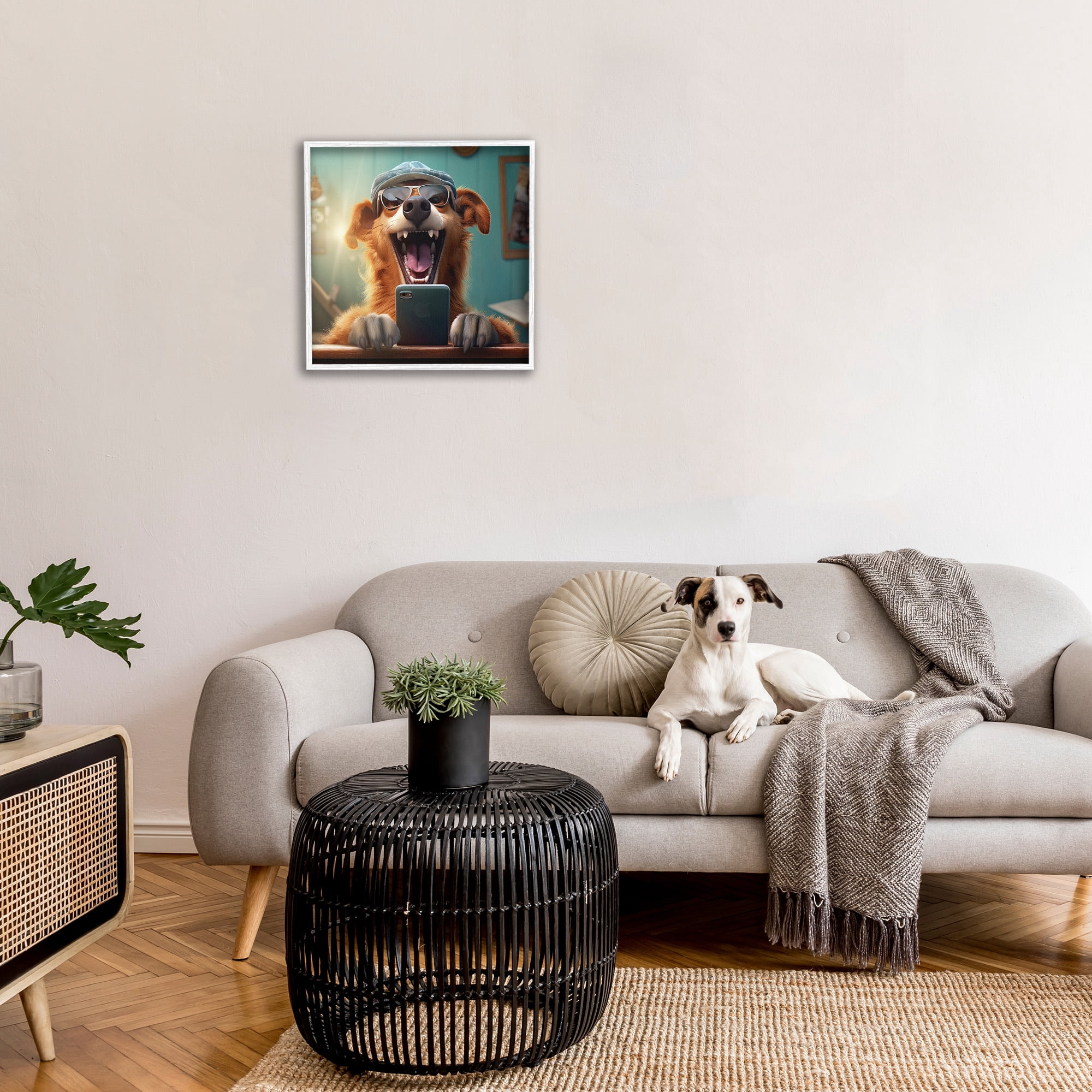 Stupell Industries Happy Dog on Cell Phone Animals & Insects Painting White Framed Art Print Wall Art, 24 x 24