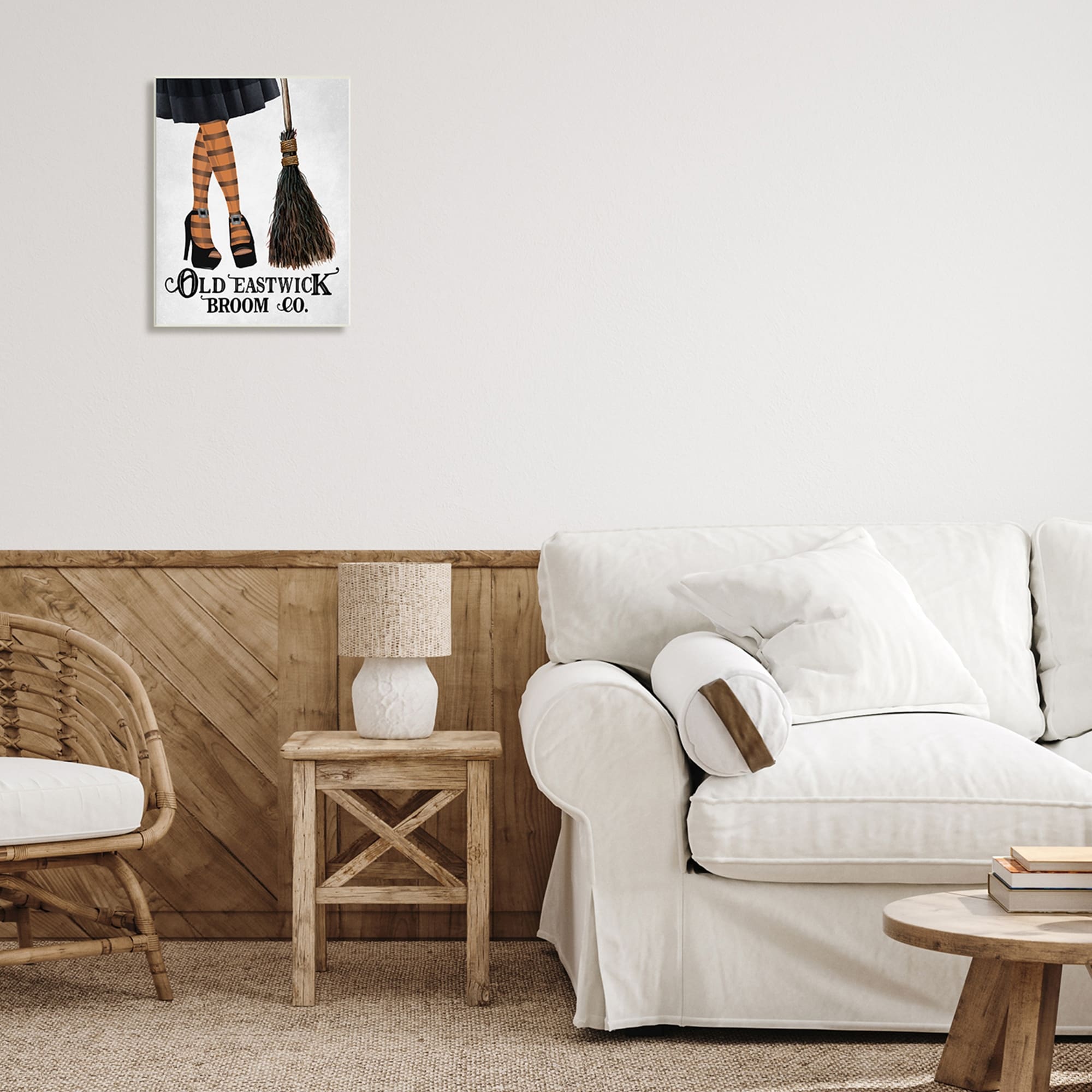 Stupell Broom Co. Halloween Sign Witch Striped Stockings Wood Wall Art - Orange 13 x 19